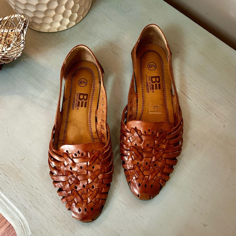Basic Editions Brown Leather Loafers With Woven D… - image 1